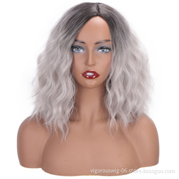 Vigorous Ombre Gray Wigs Short Bob Wavy Fashion Wig for Women Side Part Natural Wave Synthetic Cosplay Wigs